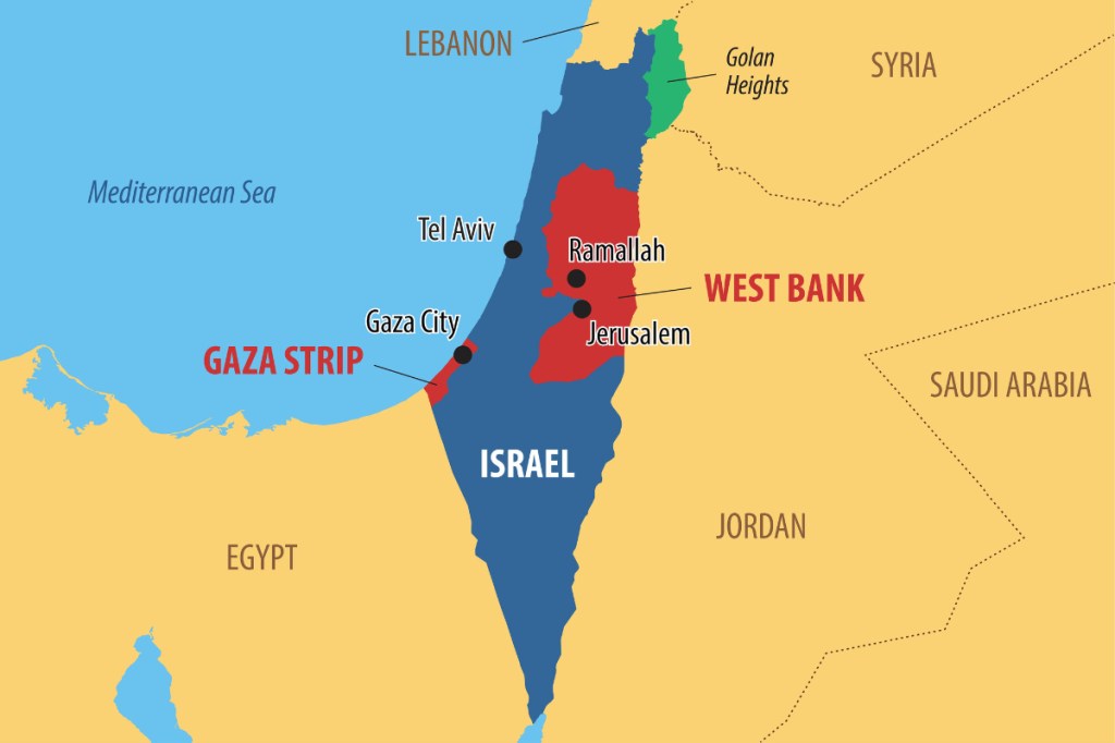 Map of Israel, Gaza, Lebanon, and other countries in Middle East